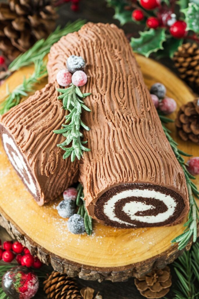 A beautifully decorated Italian Yule Log cake, with chocolate frosting resembling a tree bark and festive garnishes like sugared cranberries and rosemary sprigs.