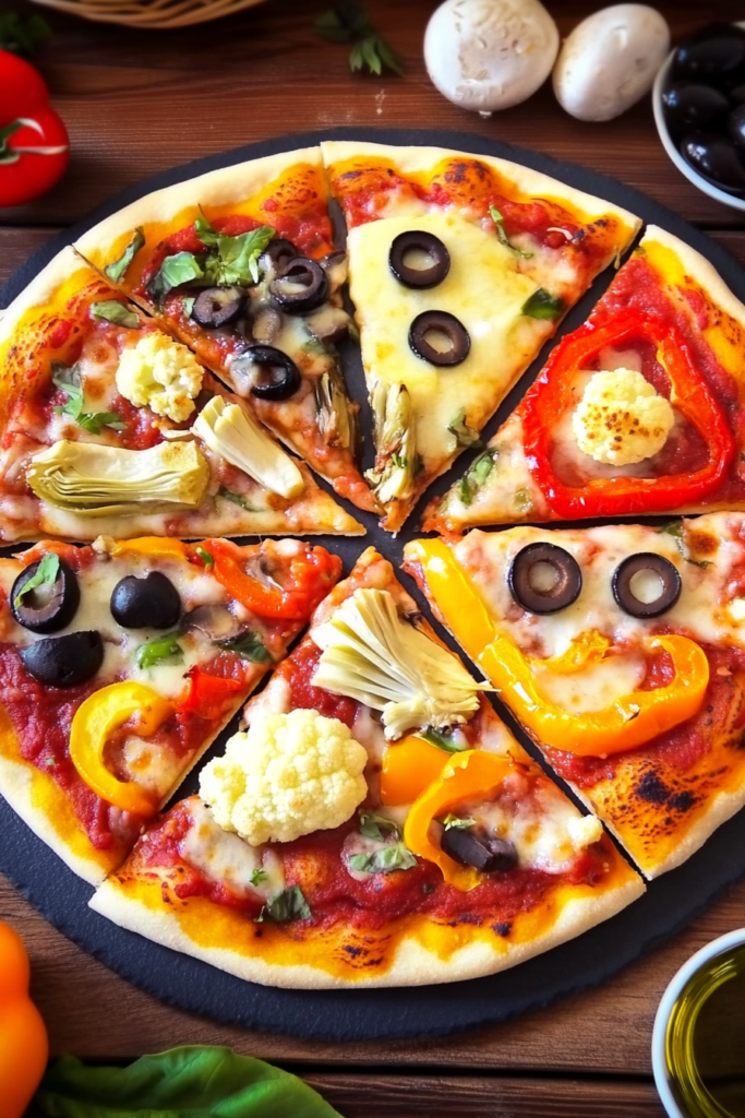 A beautifully arranged Four Seasons pizza showcasing a variety of toppings including artichokes, olives, mushrooms, and bell peppers, each representing a different season on a crispy crust with rich tomato sauce and melted cheese.