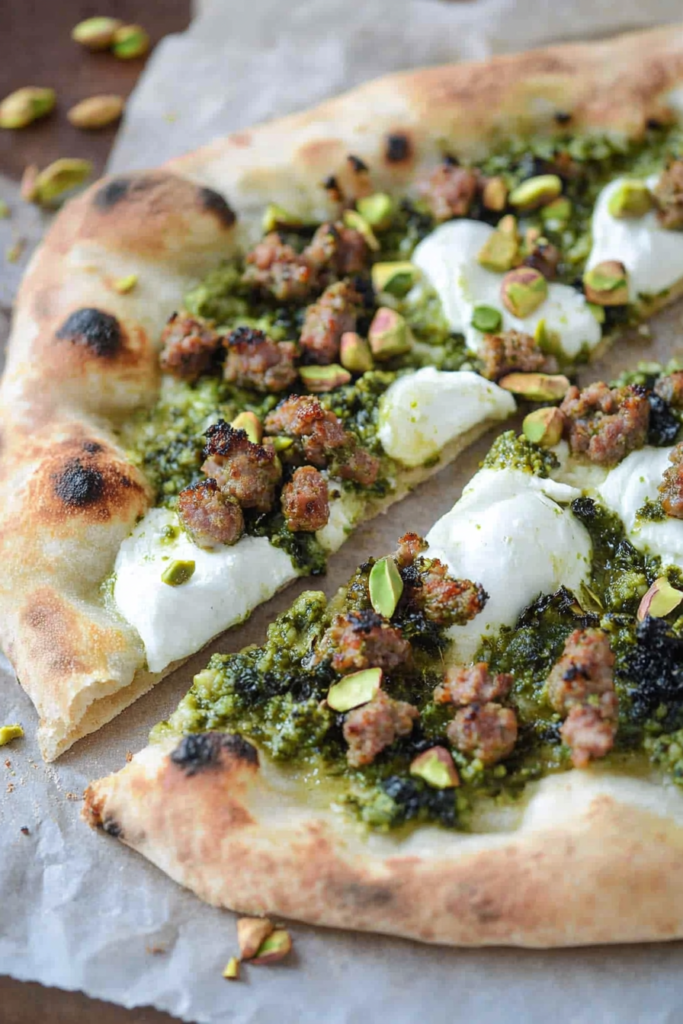 A deliciously topped broccoli rabe pizza with sausage, pistachios, and melted cheese, showcasing a creative twist on traditional Italian pizza recipes with a vibrant green pesto base and crispy crust.