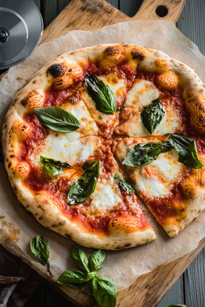 A delicious Neapolitan margherita pizza sliced into pieces, topped with melted mozzarella cheese and fresh basil leaves, displayed on parchment paper over a wooden pizza board.