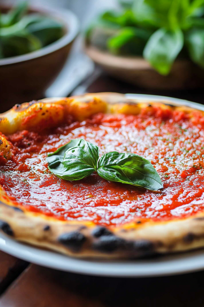 A beautifully baked Neapolitan pizza Marinara, showcasing a charred crust and vibrant red tomato sauce topped with a single basil leaf, representing authentic Italian pizza recipes with a focus on fresh ingredients.