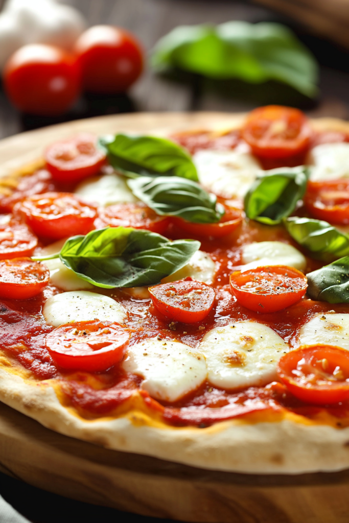 A beautifully baked Neapolitan pizza Marinara, showcasing a charred crust and vibrant red tomato sauce topped with a single basil leaf, representing authentic Italian pizza recipes with a focus on fresh ingredients.