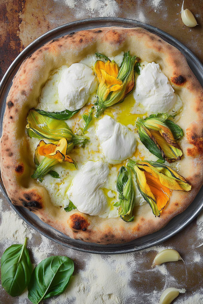 A vibrant squash blossom pizza topped with creamy burrata cheese, zucchini ribbons, and fresh basil leaves, showcasing a perfectly baked crust on a round pizza tray.