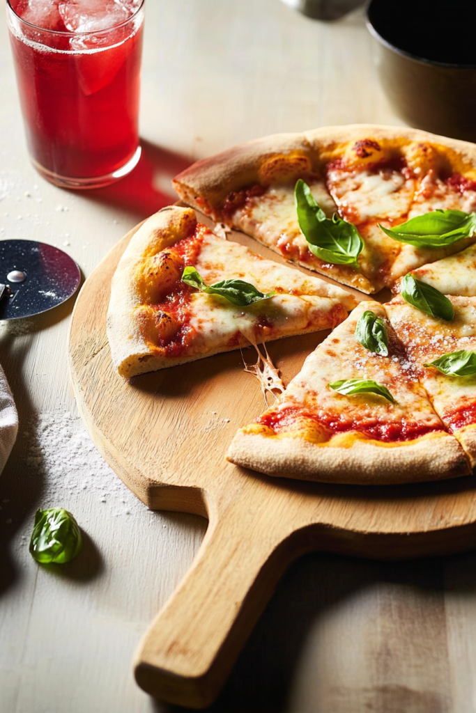 A freshly baked gluten-free Neapolitan-style pizza crust topped with melted cheese and fresh basil, served on a wooden pizza board with a pizza cutter beside it.