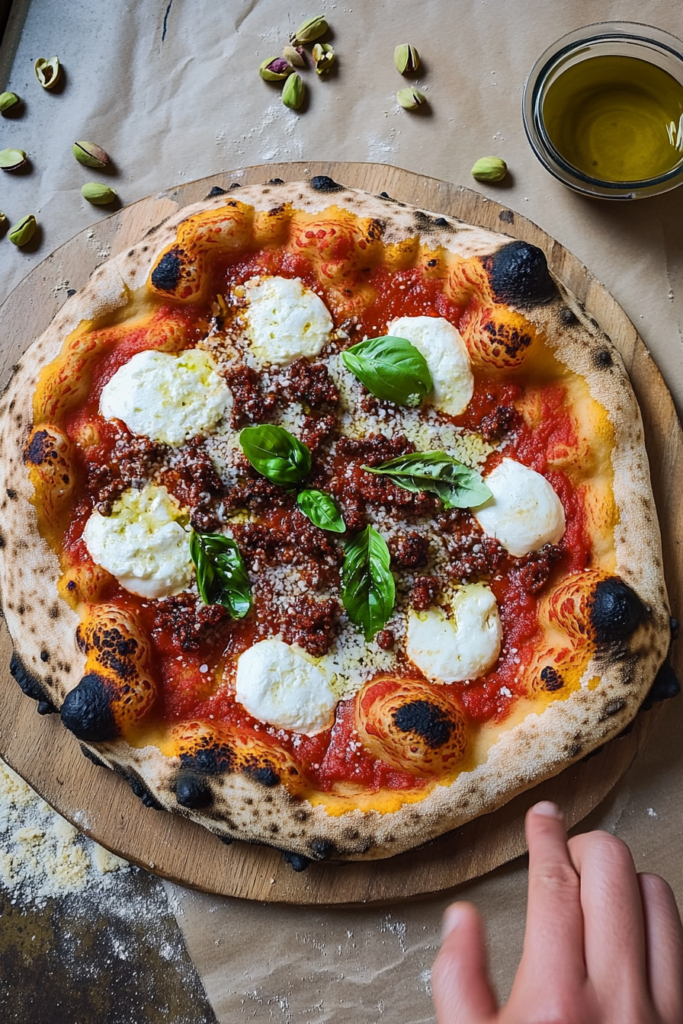 A deliciously charred ‘nduja pizza topped with rich mozzarella and vibrant parsley, showcasing a crispy crust on a round pizza pan.