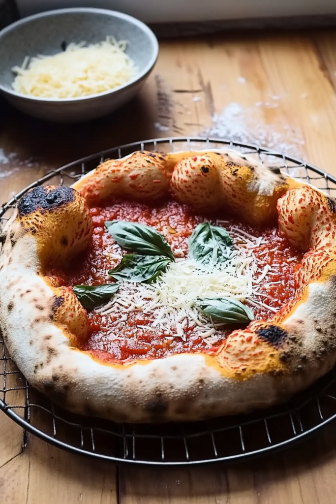 A beautifully baked Pizza Cosacca topped with vibrant tomato sauce and sprinkled with grated cheese, garnished with fresh basil leaves, showcasing a golden, crispy crust.