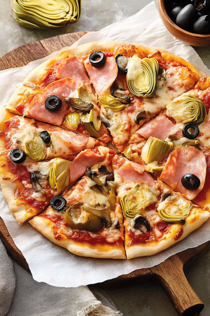 A flavorful Pizza Capricciosa topped with artichokes, ham, olives, and mushrooms, showcasing a vibrant tomato sauce and melted cheese, exemplifying a delicious twist on classic Italian pizza recipes.