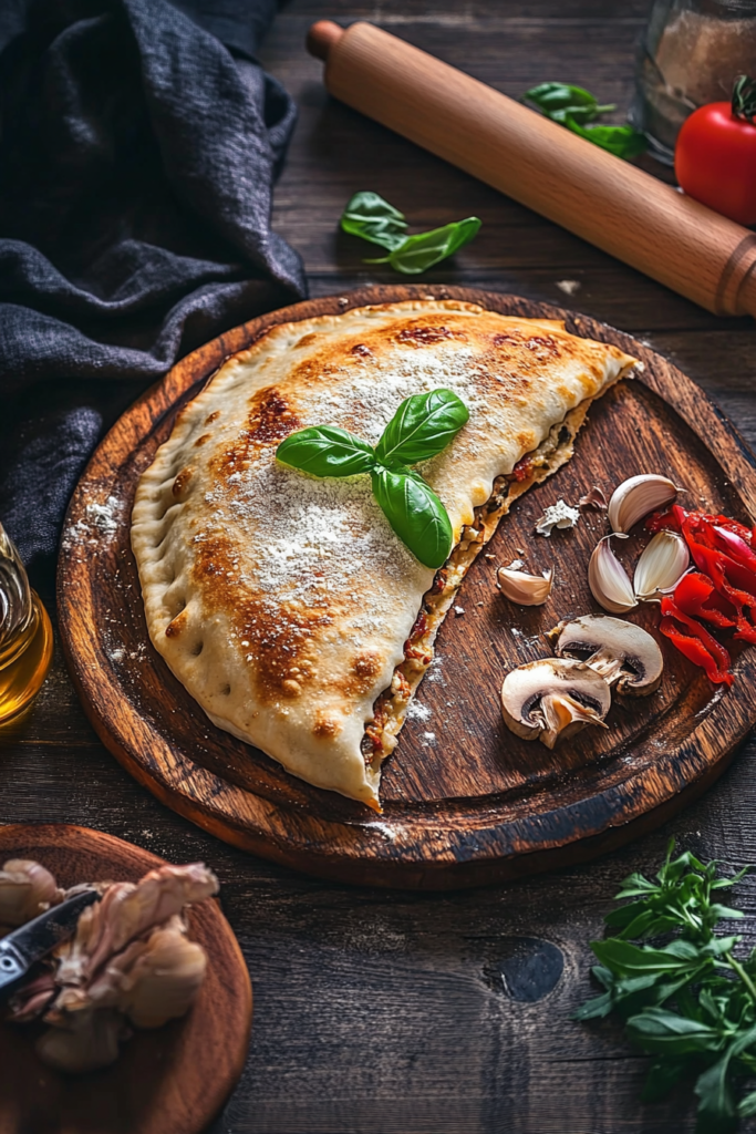 A freshly baked Neapolitan calzone filled with melted cheese and herbs, sitting on a wooden board alongside fresh ingredients like basil, garlic, and mushrooms, representing a delicious twist on traditional Italian pizza recipes.