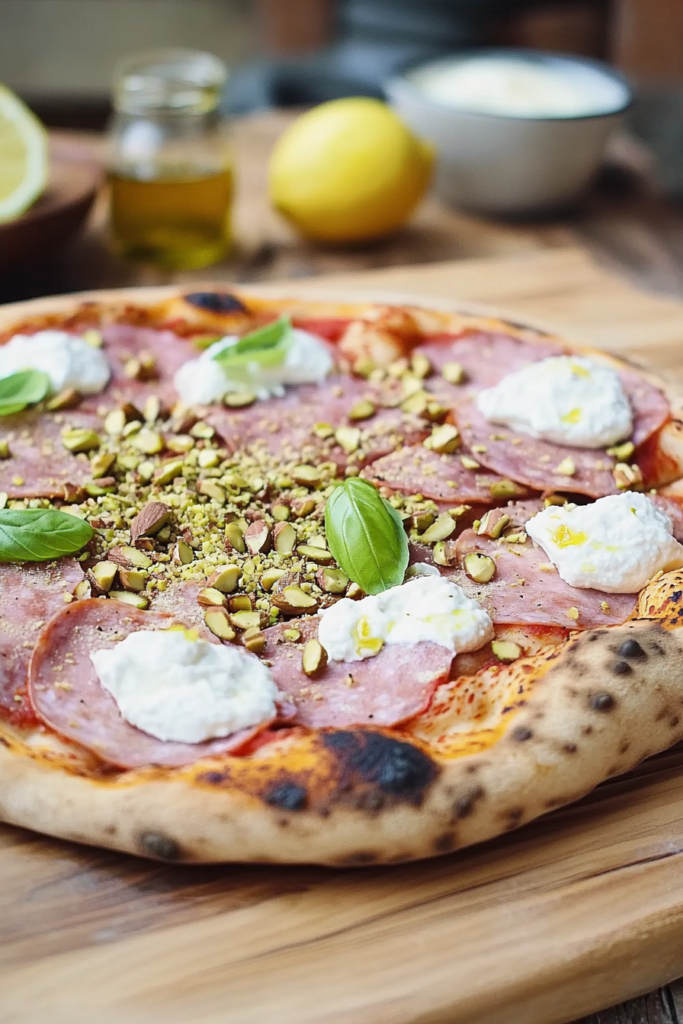 A delicious mortadella pizza topped with creamy ricotta and crushed pistachios, showcasing a golden crust and vibrant toppings on a wooden serving board.