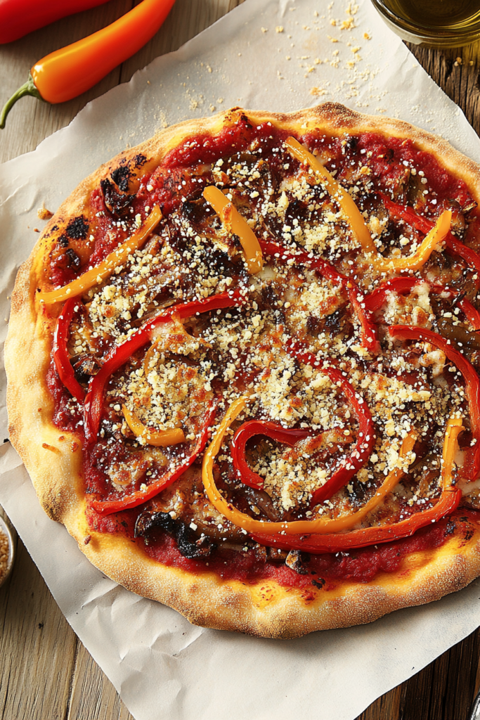 A vibrant homemade vegan pizza topped with grilled vegetables, including eggplant and peppers, garnished with fresh herbs, showcasing a delicious and colorful presentation.