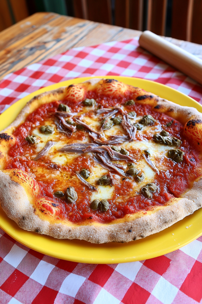 A delicious Pizza Napoli featuring savory anchovies and capers on a crispy crust, showcasing the rich flavors typical of authentic Italian pizza recipes with a vibrant tomato sauce and melted cheese.