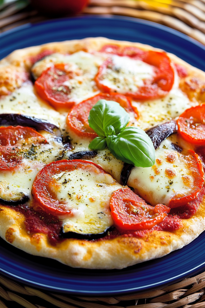 A delicious vegetarian pizza topped with grilled eggplant, fresh tomatoes, and melted cheese, garnished with herbs, showcasing a colorful and appetizing presentation.