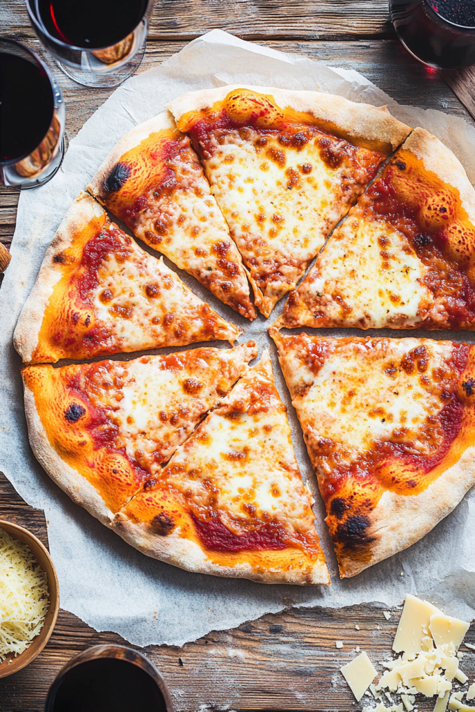 A delectable Quattro Formaggi pizza featuring a blend of four rich cheeses melted over a crispy crust with a hint of tomato sauce, perfect for cheese lovers and a classic in Italian pizza recipes.