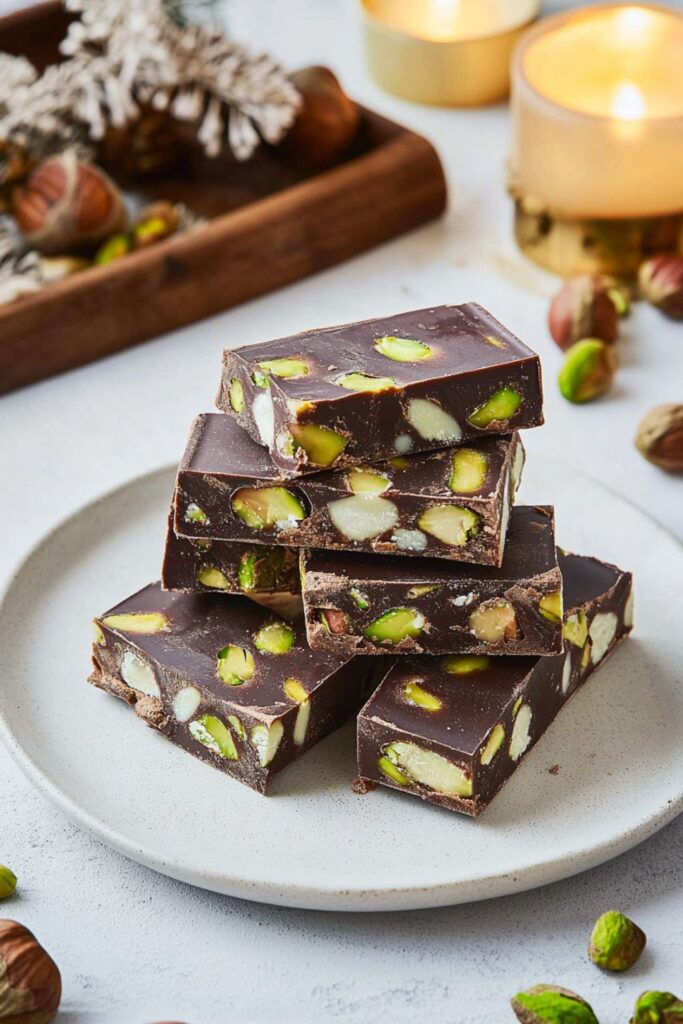 Vegan chocolate torrone with hazelnuts and pistachios, featuring a rich, dark chocolate base with colorful pistachio and hazelnut pieces, perfect for a festive treat.