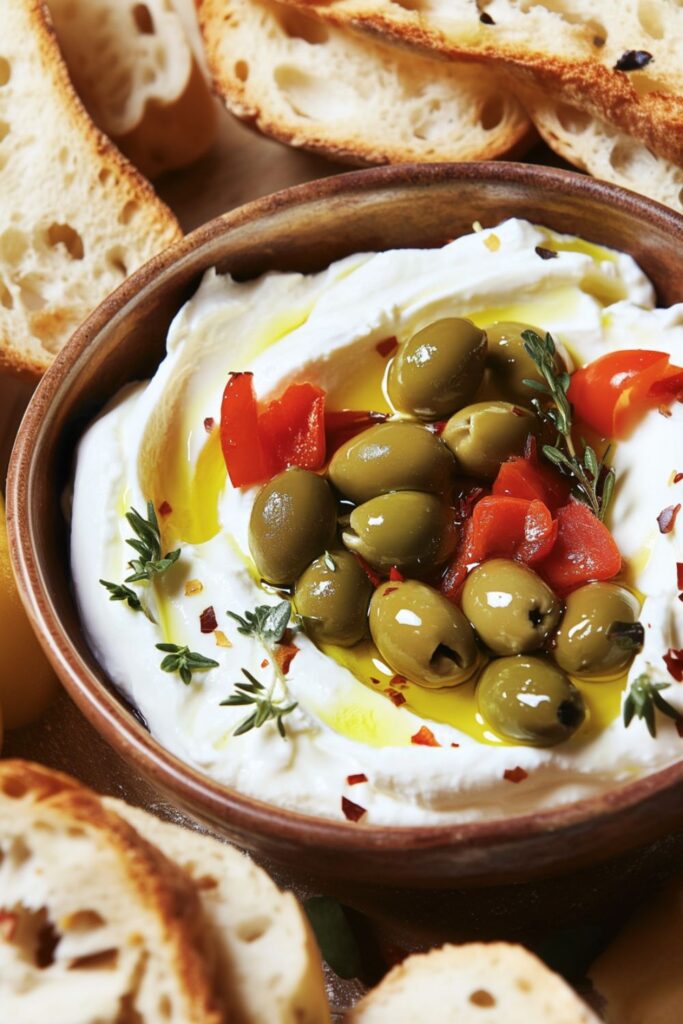 A creamy whipped ricotta dip topped with green olives, roasted red peppers, and a drizzle of olive oil. Served with crusty bread and crackers, this festive dip is perfect for a Christmas buffet or holiday spread.