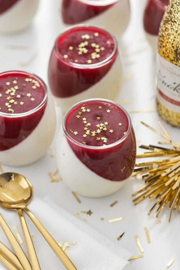 Elegant white chocolate panna cotta topped with a champagne-spiked red berry coulis and gold star sprinkles, served in festive dessert glasses, perfect for a traditional Italian Christmas dessert.