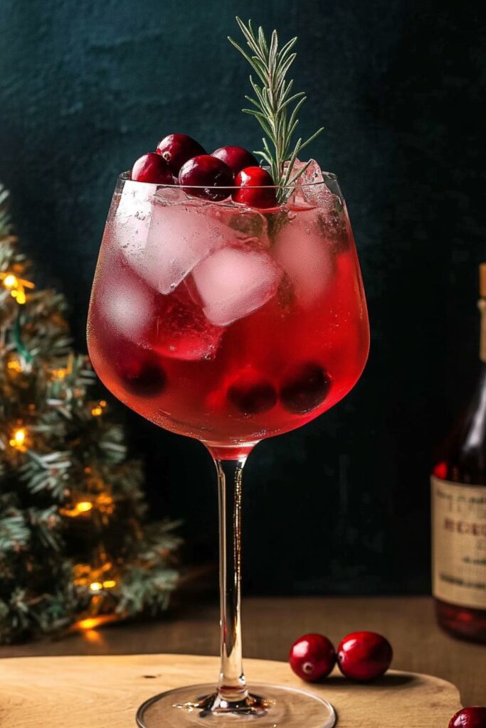 A festive Winter Cranberry Aperol Spritz garnished with fresh cranberries and rosemary, served in a stemmed glass with a holiday pine branch in the background.