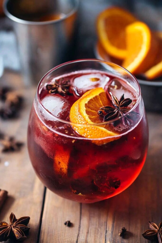 Winter spiced Negroni with a creamy appearance, garnished with a sprig of rosemary, served in an elegant glass with gold details, ideal for Italian Christmas celebrations.