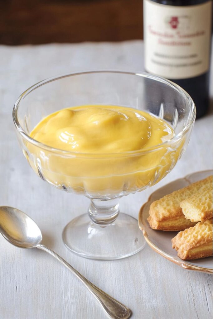 A bowl of zabaione egg cream, a traditional Italian Christmas dessert made with eggs, sugar, and fortified wine, served alongside ladyfingers.