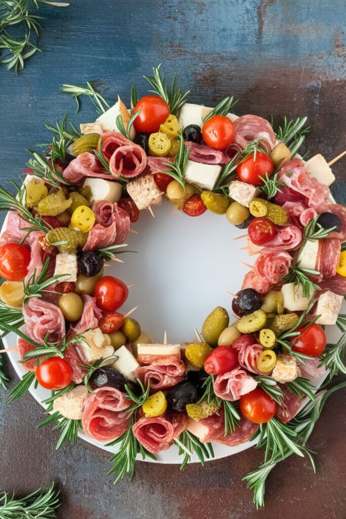 A festive Christmas wreath charcuterie board made with skewered olives, cherry tomatoes, mozzarella, salami, mini pickles, and artichoke hearts, garnished with rosemary sprigs for a holiday touch.