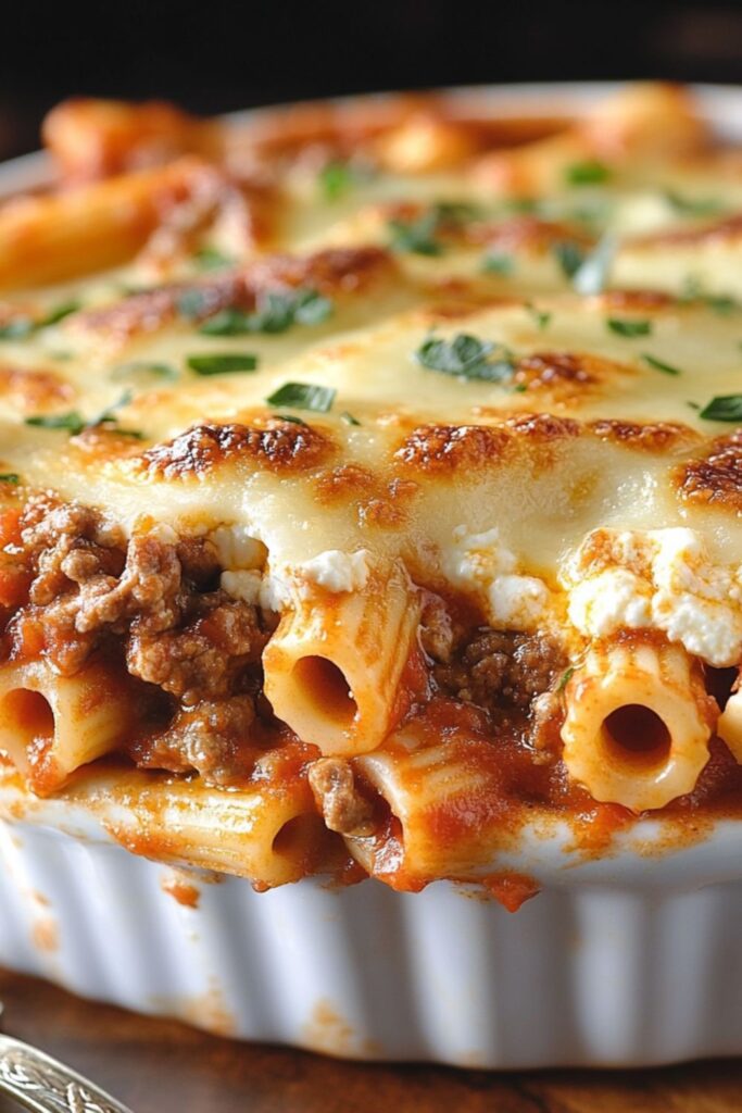 A rich and cheesy baked ziti with ricotta and mozzarella served in a casserole dish, ideal for a cozy New Year’s Eve family dinner.