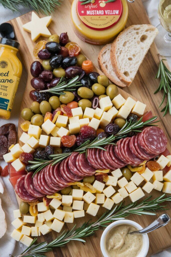 A festive Christmas tree-shaped charcuterie board adorned with cubes of cheese, olives, salami, and rosemary sprigs, accompanied by smoked gouda and mustard jars.