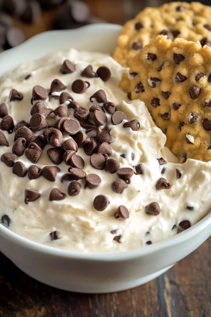 A creamy cannoli dip topped with mini chocolate chips served in a white bowl, accompanied by chocolate chip cookies, perfect for a New Year’s Eve menu for a crowd.