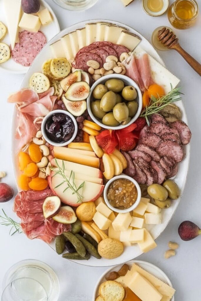 A beautifully arranged charcuterie board for two, featuring a selection of cheeses, cured meats, fresh figs, olives, crackers, and dips, styled elegantly with rosemary and dried fruit for a cozy Christmas date night.