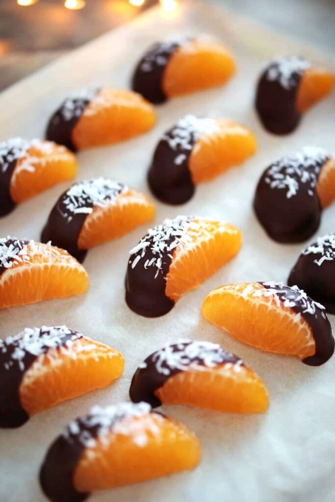 Satsuma orange segments half-dipped in dark chocolate and sprinkled with coconut, a healthy Christmas snack for kids.