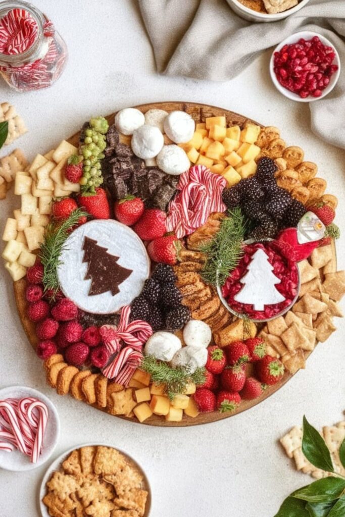 Festive Christmas charcuterie board featuring brie with a decorative cut-out, assorted cheeses, fresh and dried fruits, crackers, jams, and holiday-themed garnishes.