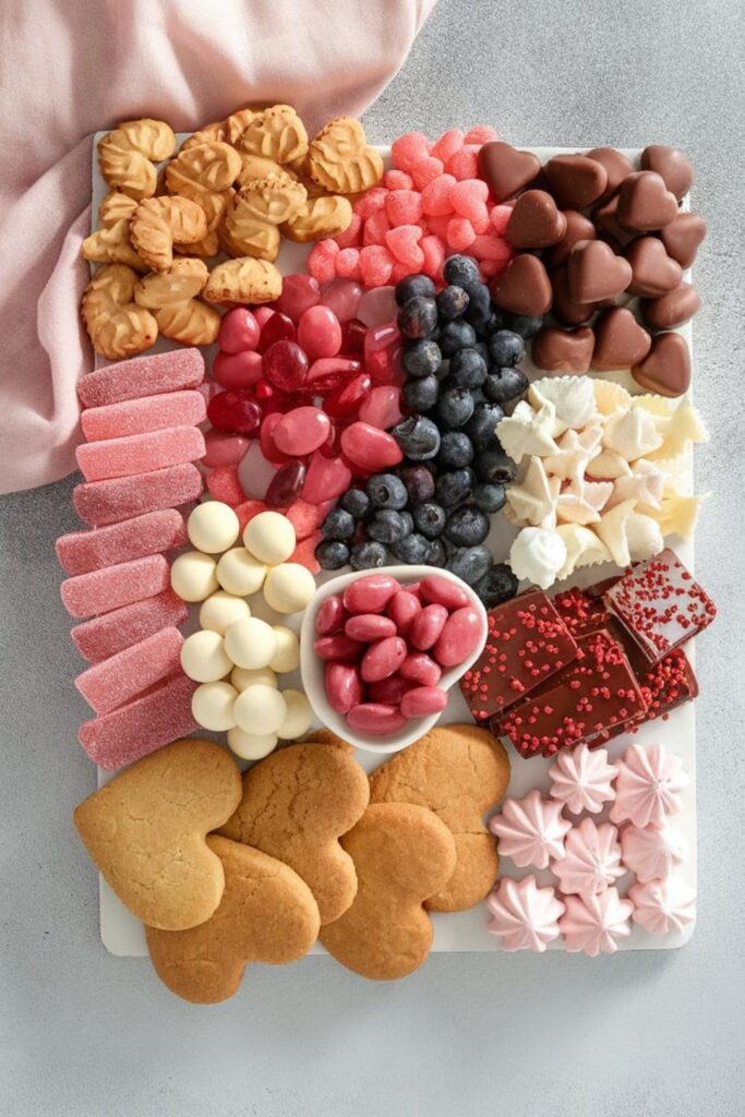 A vibrant Christmas candy charcuterie board filled with heart-shaped chocolates, gummies, and assorted sweets like gingerbread cookies, red and white meringues, and peppermint bark. The board offers a festive mix of textures and colors, perfect for a holiday charcuterie board.