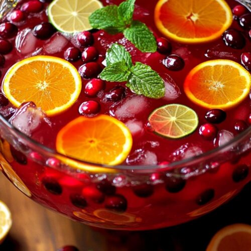 A large bowl of Christmas punch with prosecco, vodka, cranberries, and citrus slices, surrounded by glasses filled with the same festive drink.