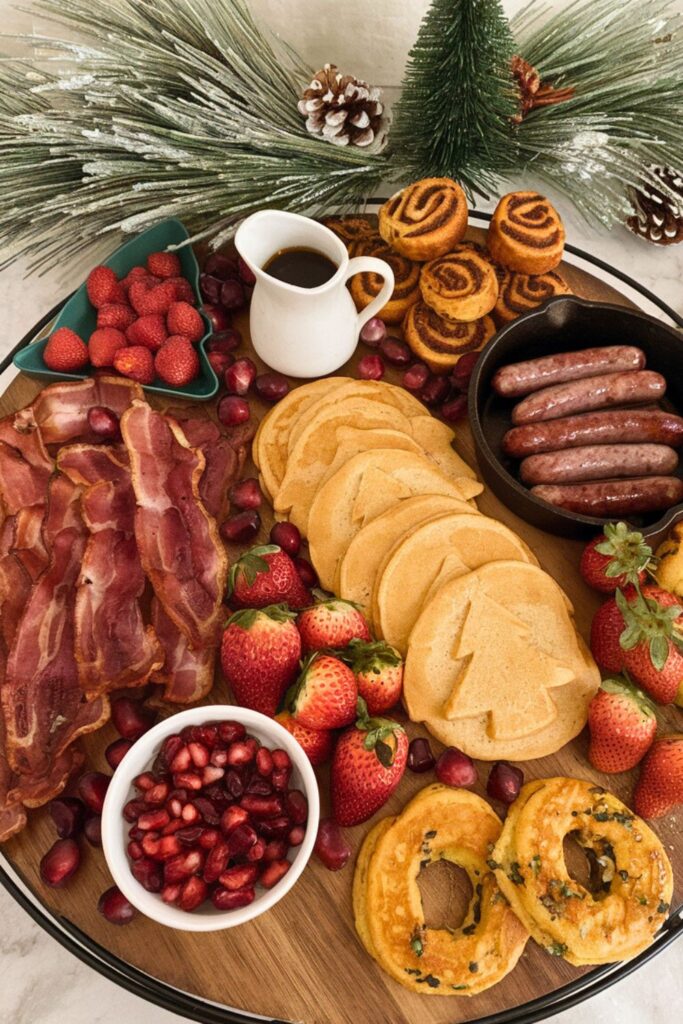 A festive Christmas brunch charcuterie board featuring breakfast items like pancakes, bacon, sausage, mini quiches, fresh berries, pomegranate seeds, and cinnamon rolls, all arranged with a holiday theme and seasonal decor.