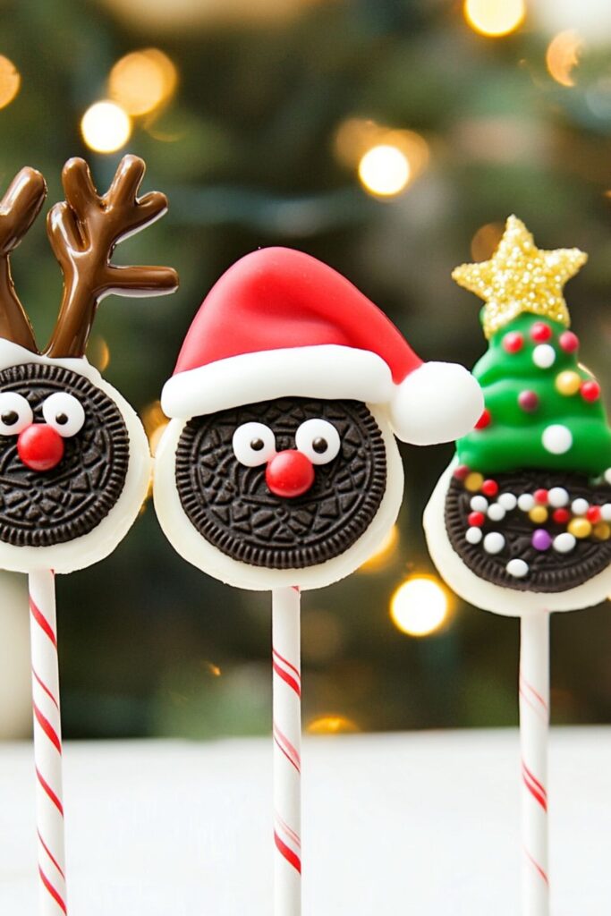 Oreo cookies decorated as reindeer, Christmas trees, and Santas, on sticks, perfect for holiday treats for kids.