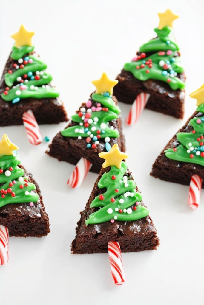 Brownie slices decorated like Christmas trees with green frosting and sprinkles, with candy cane sticks for trunks.