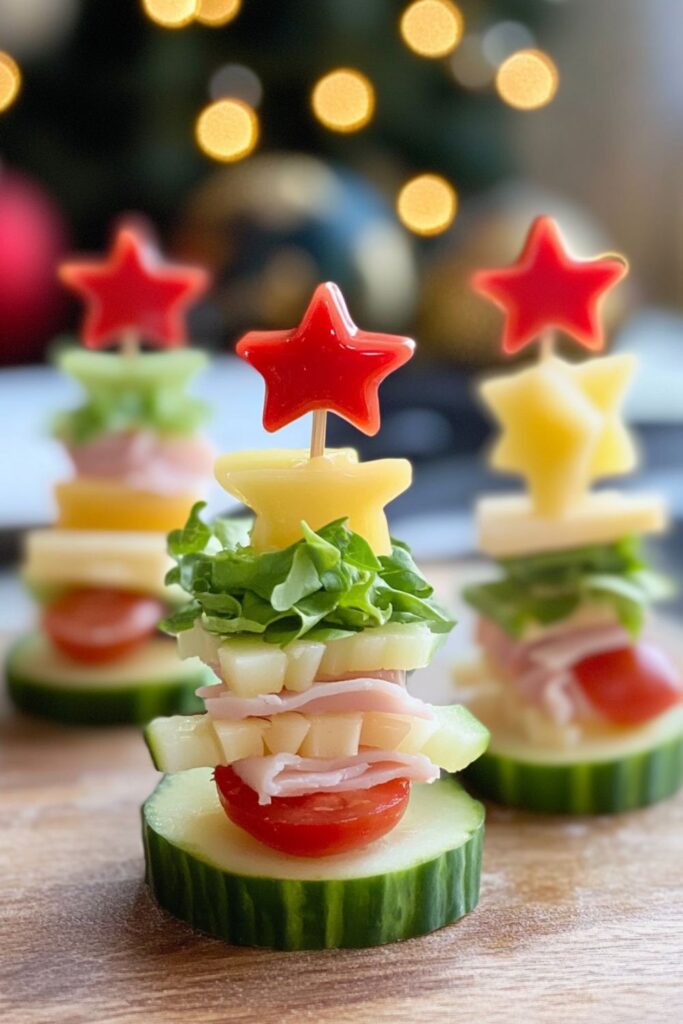 Sandwiches cut into Christmas tree shapes with decorative toppings, ideal for children's Christmas party food.