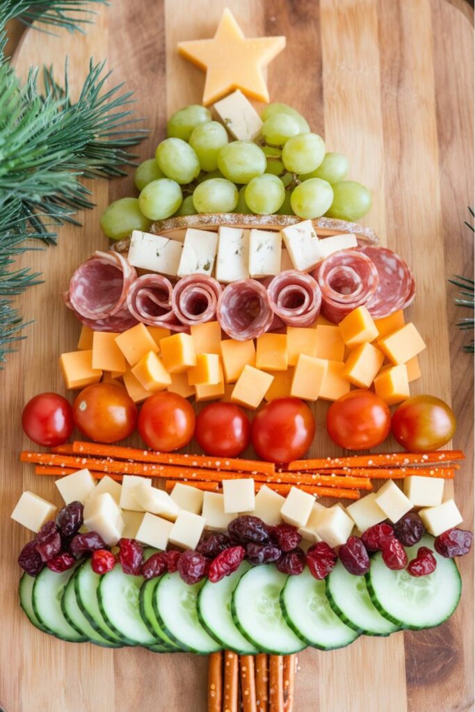 Christmas charcuterie board in the shape of a tree, featuring layers of grapes, salami, cheddar cheese cubes, cherry tomatoes, and cucumber slices, topped with a cheese star.