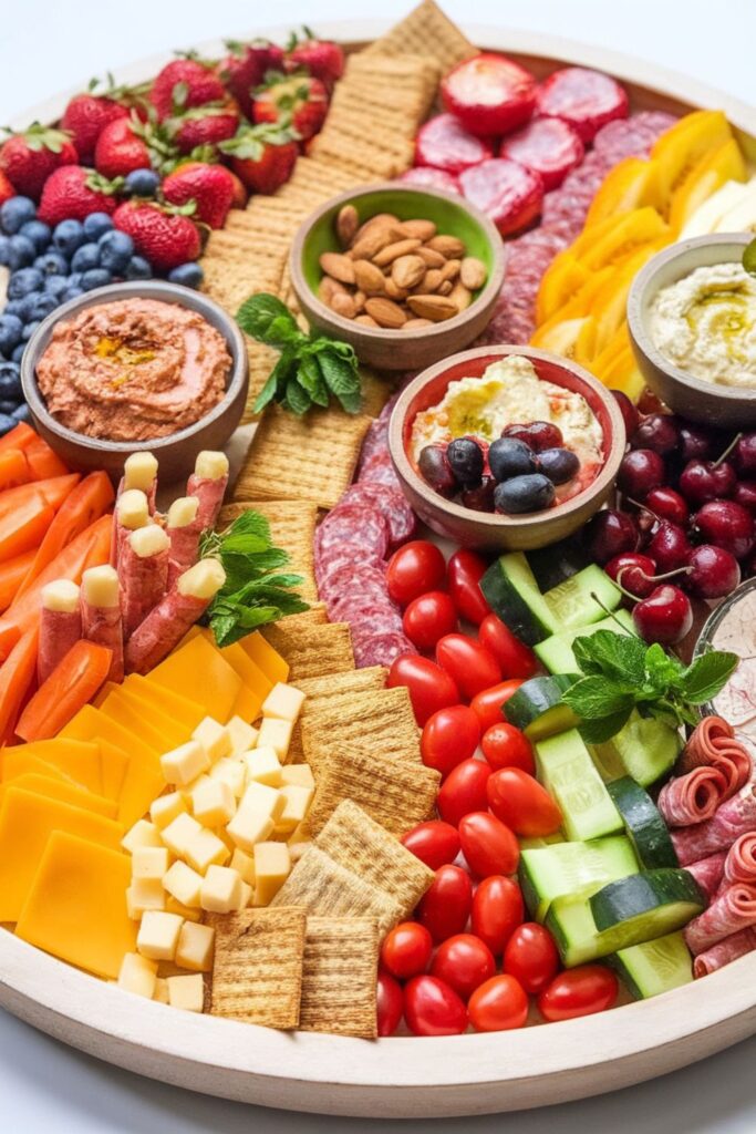 Vibrant Christmas charcuterie board featuring fresh vegetables, fruits, hummus dips, nuts, crackers, salami rolls, and cheese slices arranged in a festive, colorful layout.