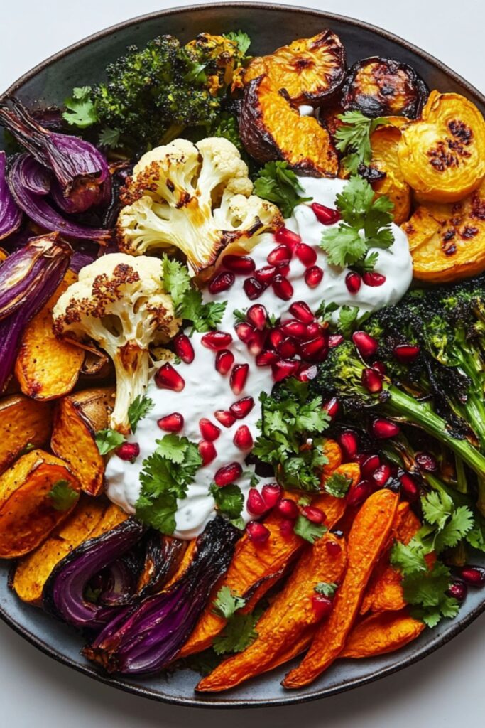 A colorful platter of roasted vegetables, including carrots, broccoli, and onions, garnished with pomegranate seeds and creamy yogurt drizzle, perfect for a festive party.