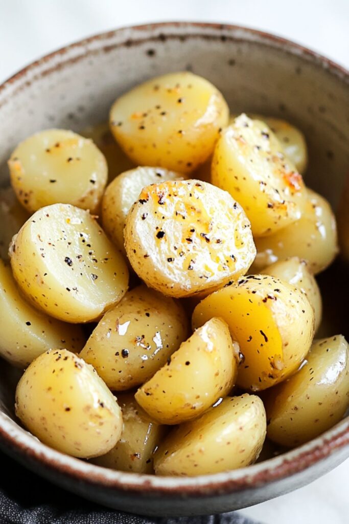 A bowl of garlic butter boiled potatoes sprinkled with chili flakes, served as a versatile side for a cozy New Year’s Eve dinner.