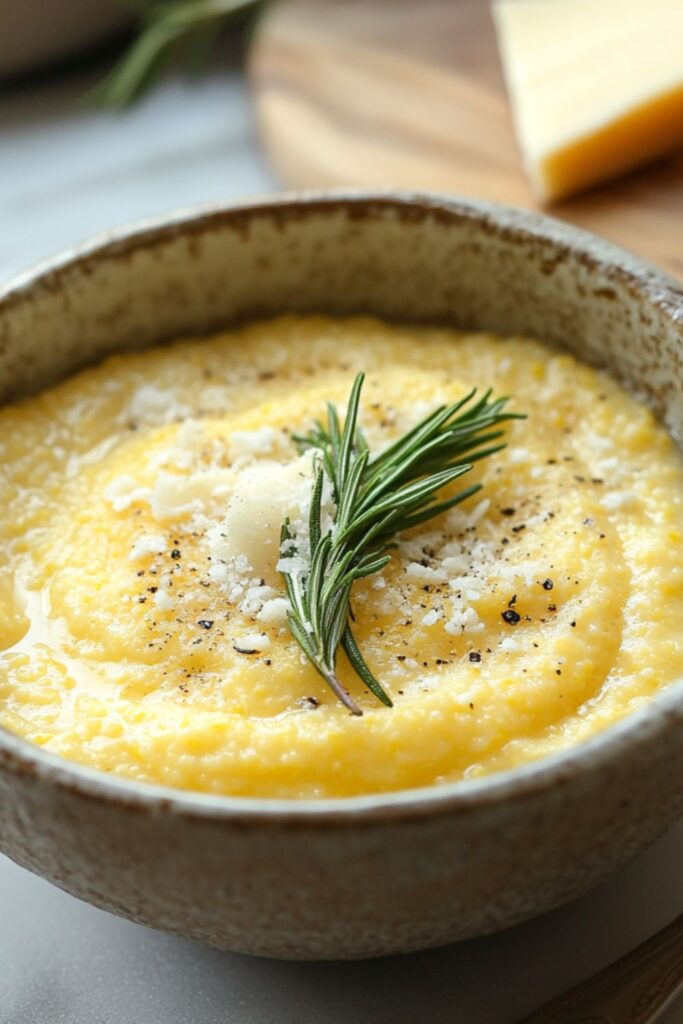 A bowl of creamy polenta topped with Parmesan cheese and fresh rosemary, served as a side dish for a hearty New Year’s Eve dinner.