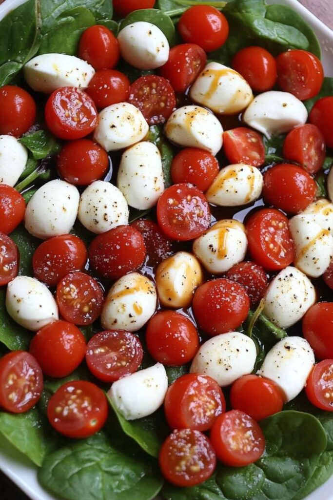 A vibrant Caprese salad for a crowd with cherry tomatoes, mozzarella balls, and fresh basil leaves on a bed of spinach, drizzled with balsamic glaze.