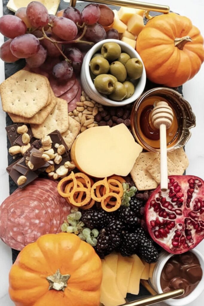 Festive dairy-free holiday charcuterie board with grapes, olives, salami, crackers, blackberries, pomegranate, chocolate, mini pumpkins, honey dipper, and various dairy-free cheeses.