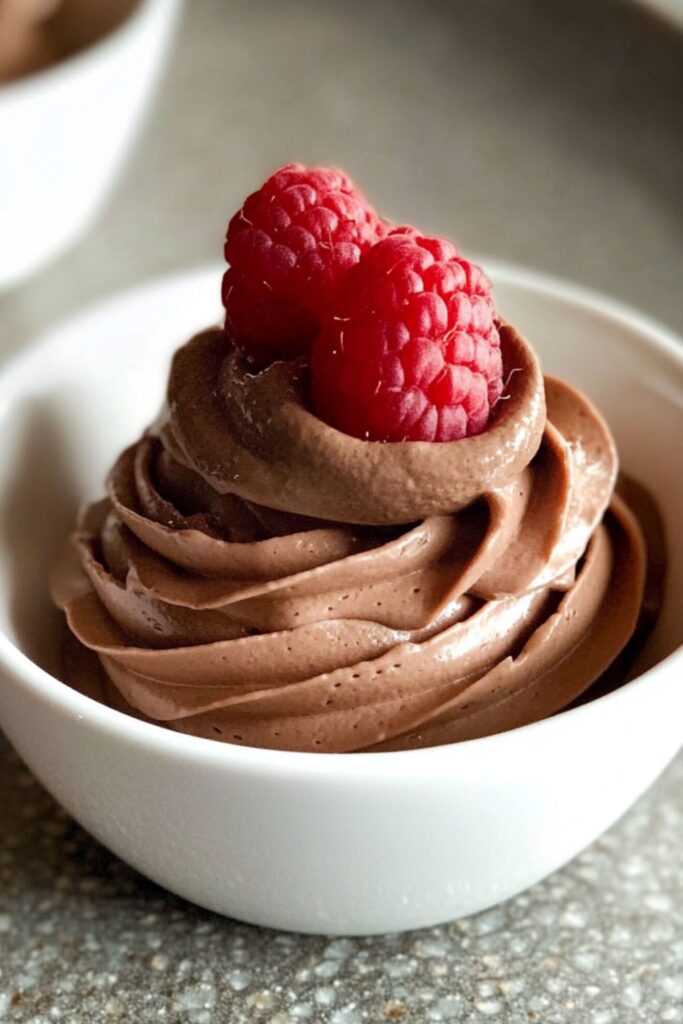 A decadent chocolate mousse served in a small cup, garnished with fresh raspberries and chocolate shavings, ideal for a sweet New Year’s Eve treat.