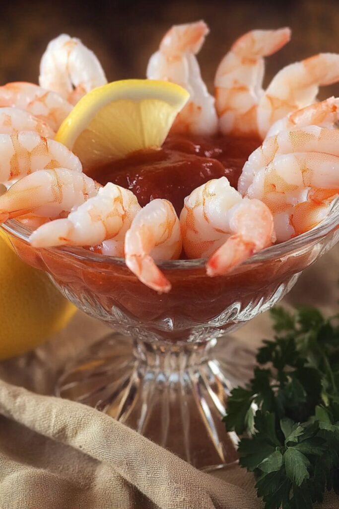 Perfectly cooked shrimp arranged in a cocktail glass with tangy cocktail sauce, ideal for an easy New Year’s Eve dinner appetizer.