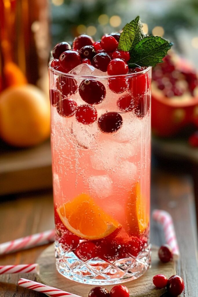 A festive Christmas punch rose cocktail served in a tall glass with cranberries, ice cubes, and a decorative garnish, perfect for a New Year’s Eve drink for a crowd.