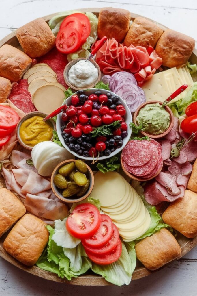 A festive sandwich-themed Christmas charcuterie board featuring sliced meats, cheeses, lettuce, tomatoes, onions, buns, pickles, condiments, and fresh berries arranged for a holiday gathering.