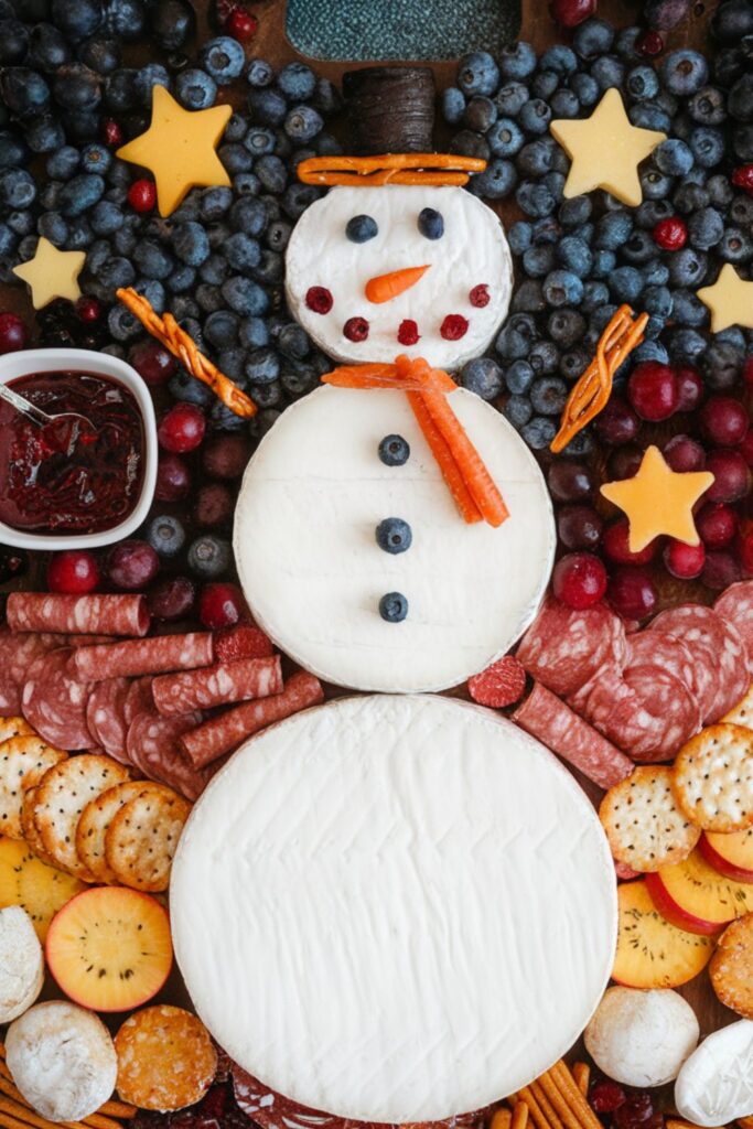 A fun Christmas snowman charcuterie board with a variety of cheeses, dried fruit, olives, pretzels, and salami arranged in the shape of a snowman, surrounded by rosemary sprigs and mini donuts.