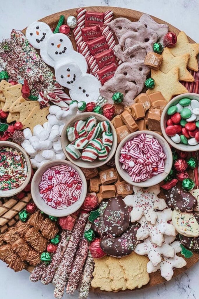 A colorful and festive Christmas candy charcuterie board featuring marshmallow snowmen, peppermint candies, chocolate treats, and holiday-themed sweets, all beautifully arranged for a holiday party or Christmas celebration.