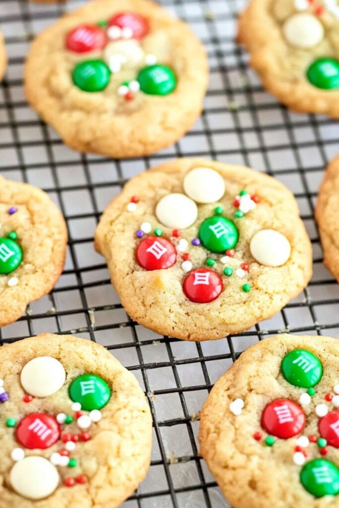 Homemade cookies filled with red and green M&Ms, perfect for preschool Christmas party food.